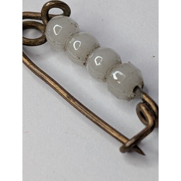 Antique Victorian Baby Pin w/ White Glass Beads – Handmade Brass Mini Pin - Picture 4 of 6